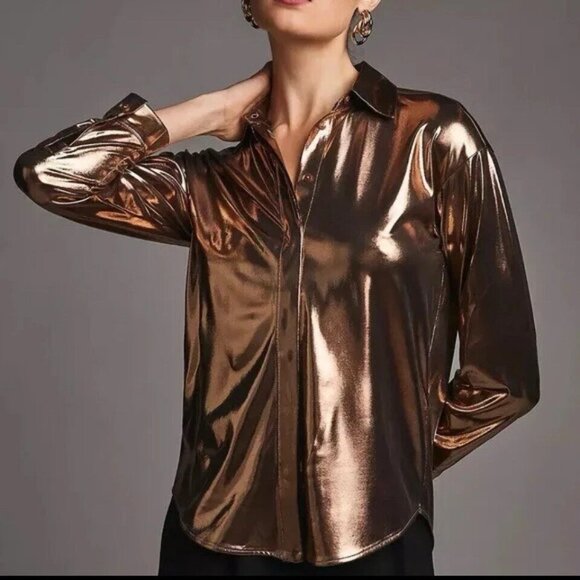 Anthropologie Gillian‎ Liquid Shine Button Front Shirt Gold Size XXS Blue Blood - Picture 1 of 10